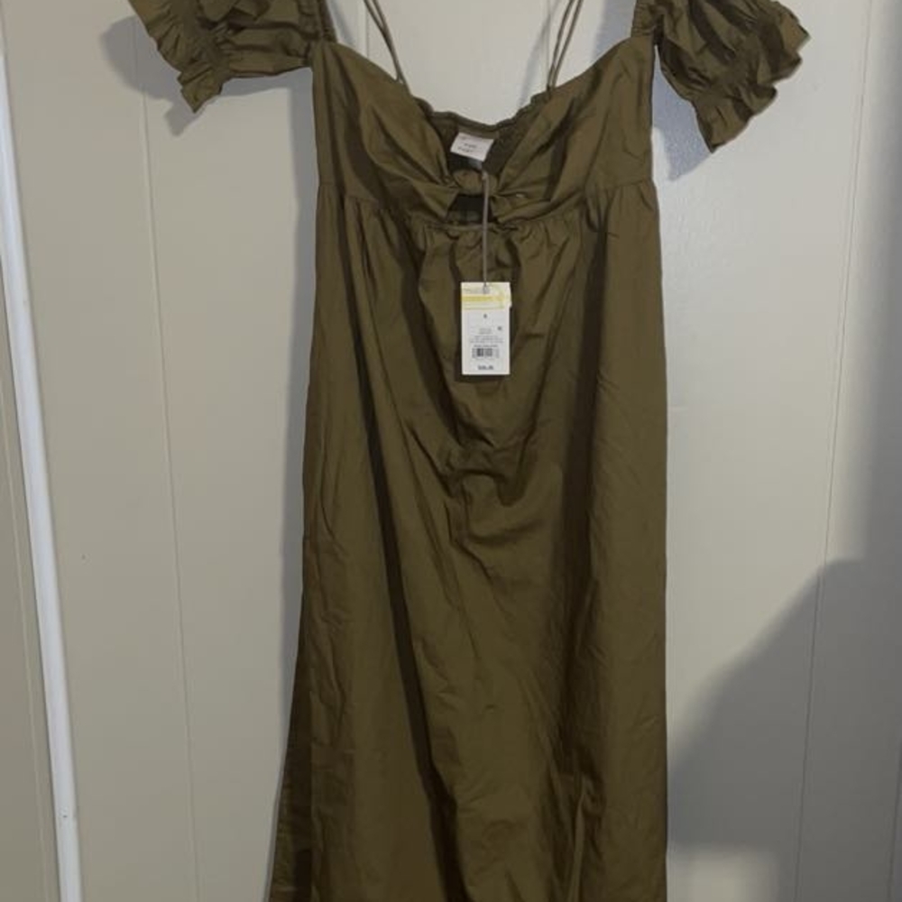 Olive Green Sundress with Puff Sleeves and Off the Shoulder Neckline